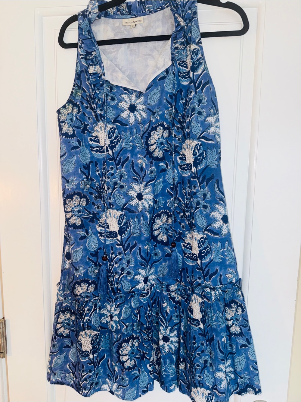 NWOT Blue Floral block print cotton Sleeveless Dress by Fitzroy and Willa Sz S